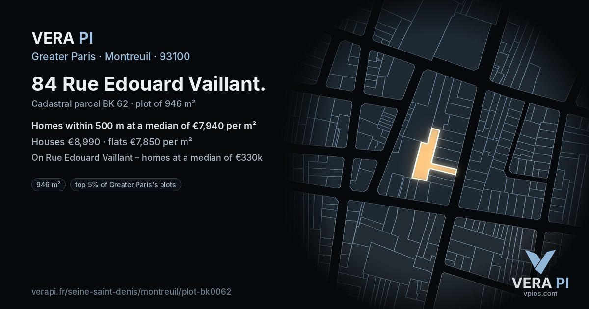 84 Rue Edouard Vaillant, Montreuil at night – the plot lit, the parcels around coloured by the prices near them