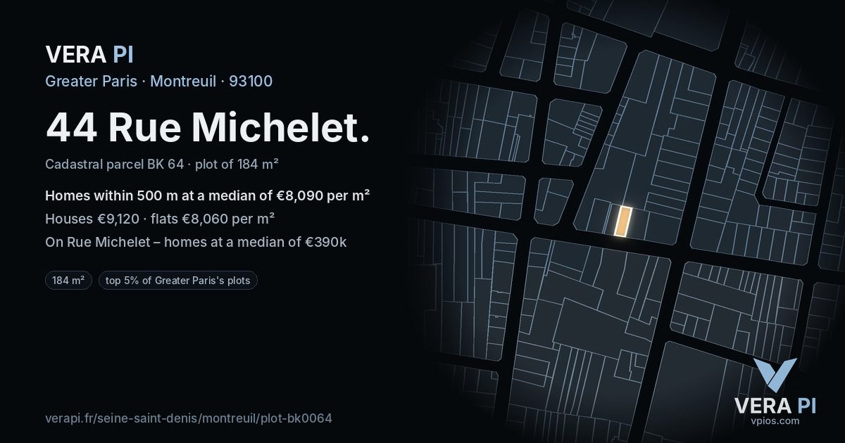44 Rue Michelet, Montreuil at night – the plot lit, the parcels around coloured by the prices near them