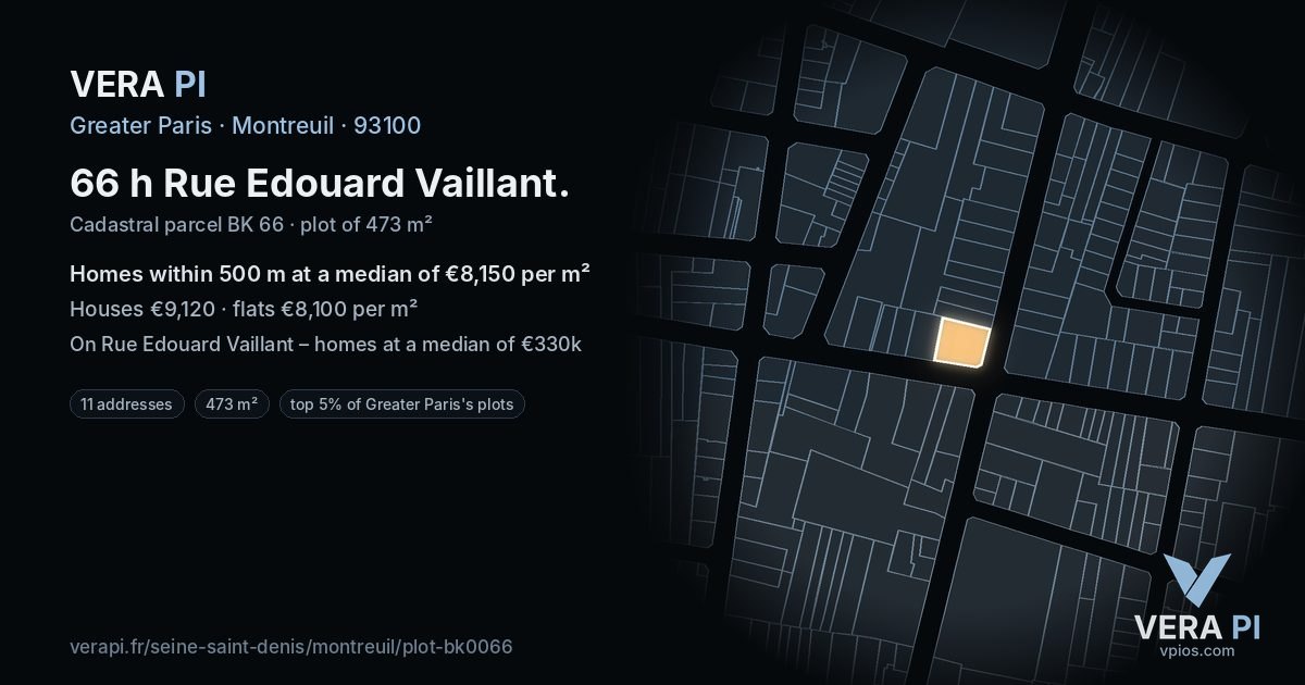 66 h Rue Edouard Vaillant, Montreuil at night – the plot lit, the parcels around coloured by the prices near them