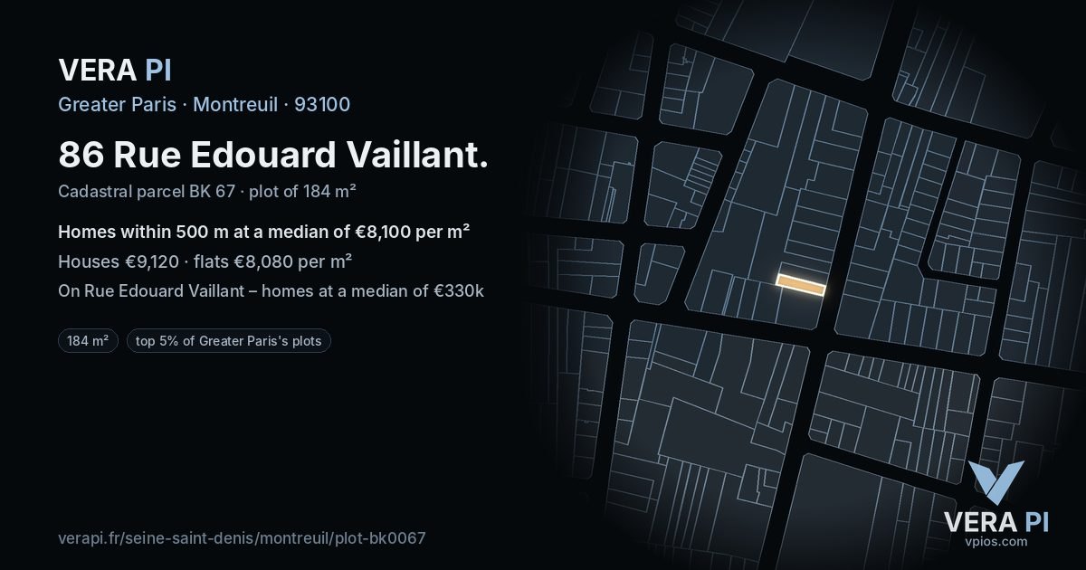 86 Rue Edouard Vaillant, Montreuil at night – the plot lit, the parcels around coloured by the prices near them