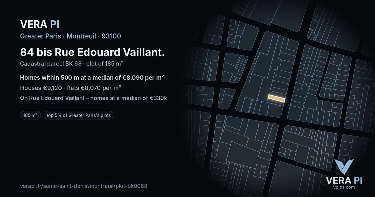 84 bis Rue Edouard Vaillant, Montreuil at night – the plot lit, the parcels around coloured by the prices near them