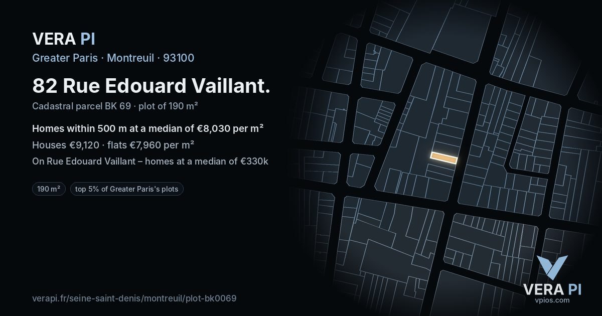 82 Rue Edouard Vaillant, Montreuil at night – the plot lit, the parcels around coloured by the prices near them