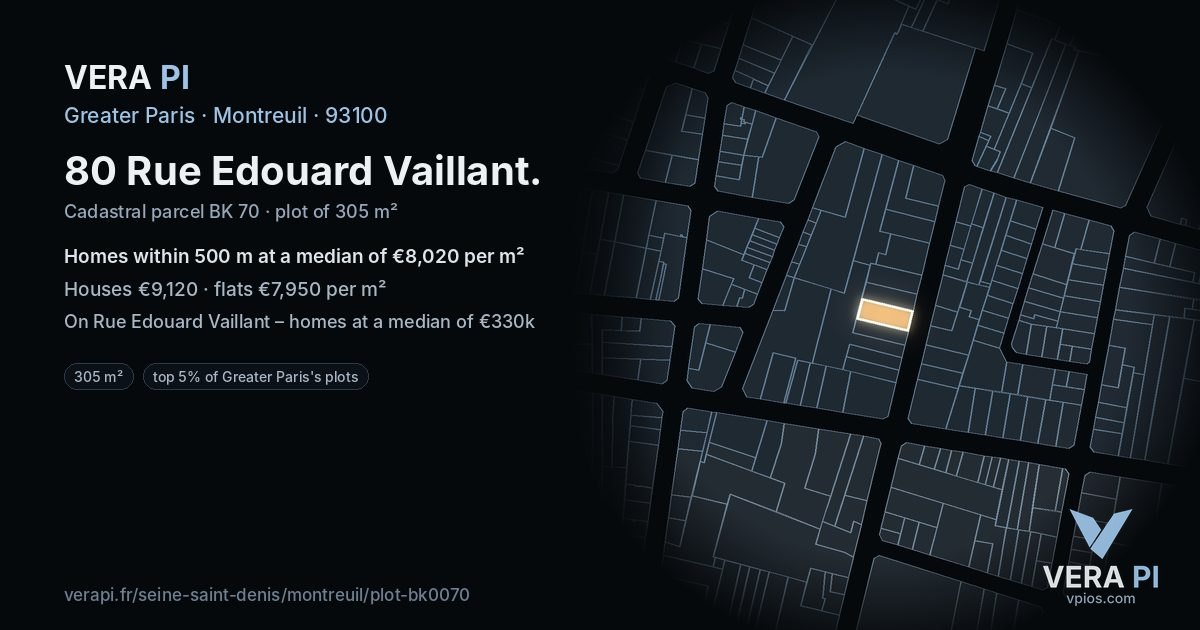 80 Rue Edouard Vaillant, Montreuil at night – the plot lit, the parcels around coloured by the prices near them