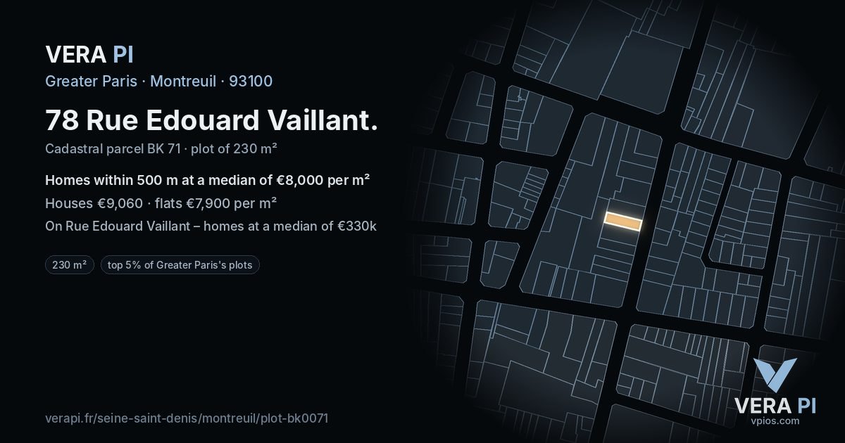 78 Rue Edouard Vaillant, Montreuil at night – the plot lit, the parcels around coloured by the prices near them