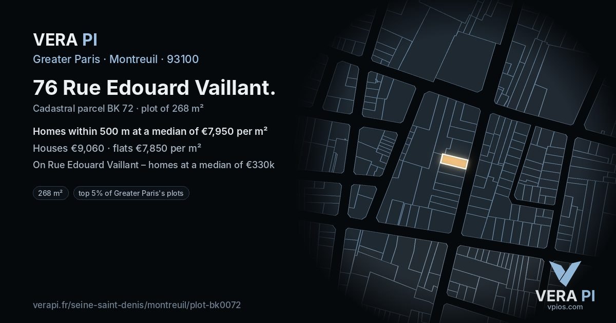 76 Rue Edouard Vaillant, Montreuil at night – the plot lit, the parcels around coloured by the prices near them