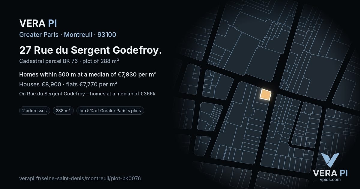27 Rue du Sergent Godefroy, Montreuil at night – the plot lit, the parcels around coloured by the prices near them