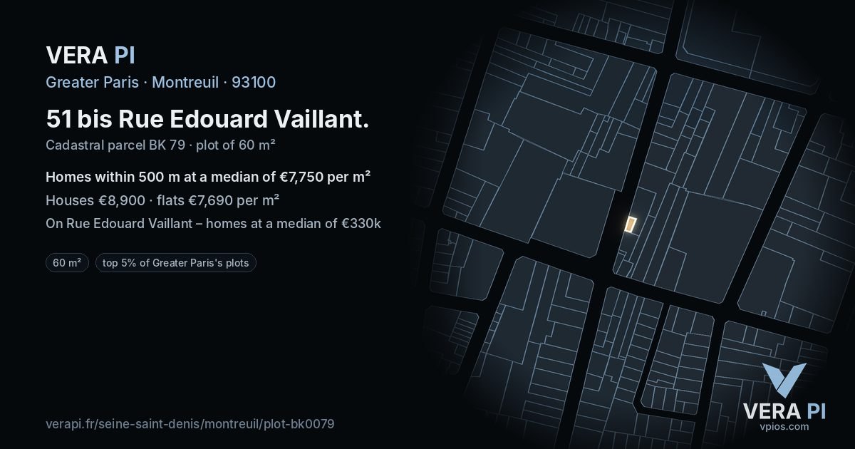 51 bis Rue Edouard Vaillant, Montreuil at night – the plot lit, the parcels around coloured by the prices near them