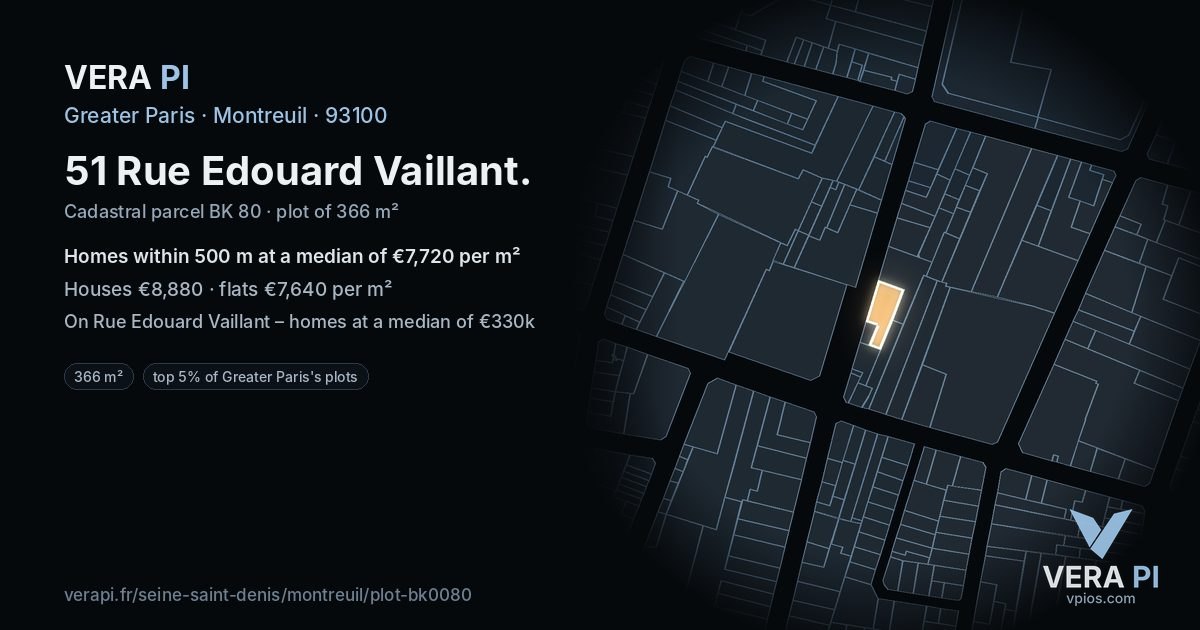 51 Rue Edouard Vaillant, Montreuil at night – the plot lit, the parcels around coloured by the prices near them