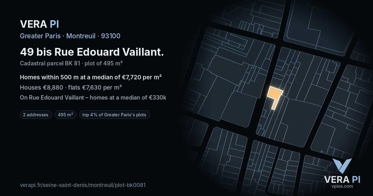 49 bis Rue Edouard Vaillant, Montreuil at night – the plot lit, the parcels around coloured by the prices near them