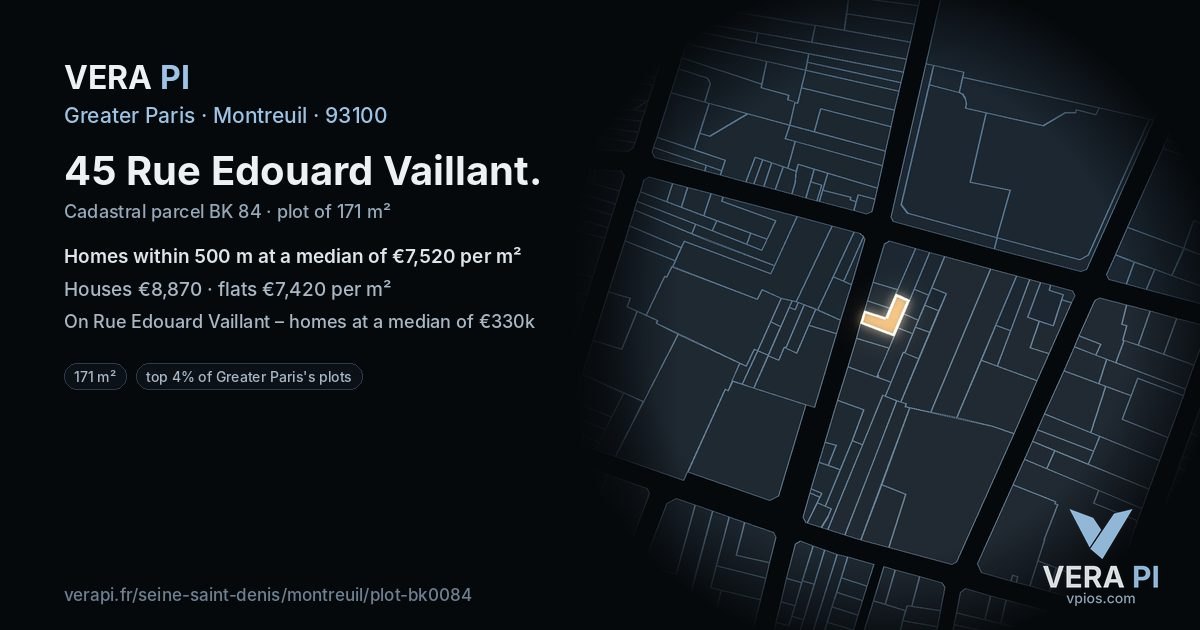 45 Rue Edouard Vaillant, Montreuil at night – the plot lit, the parcels around coloured by the prices near them