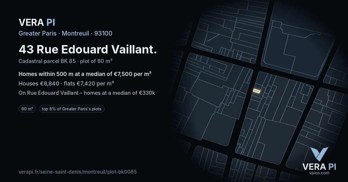 43 Rue Edouard Vaillant, Montreuil at night – the plot lit, the parcels around coloured by the prices near them