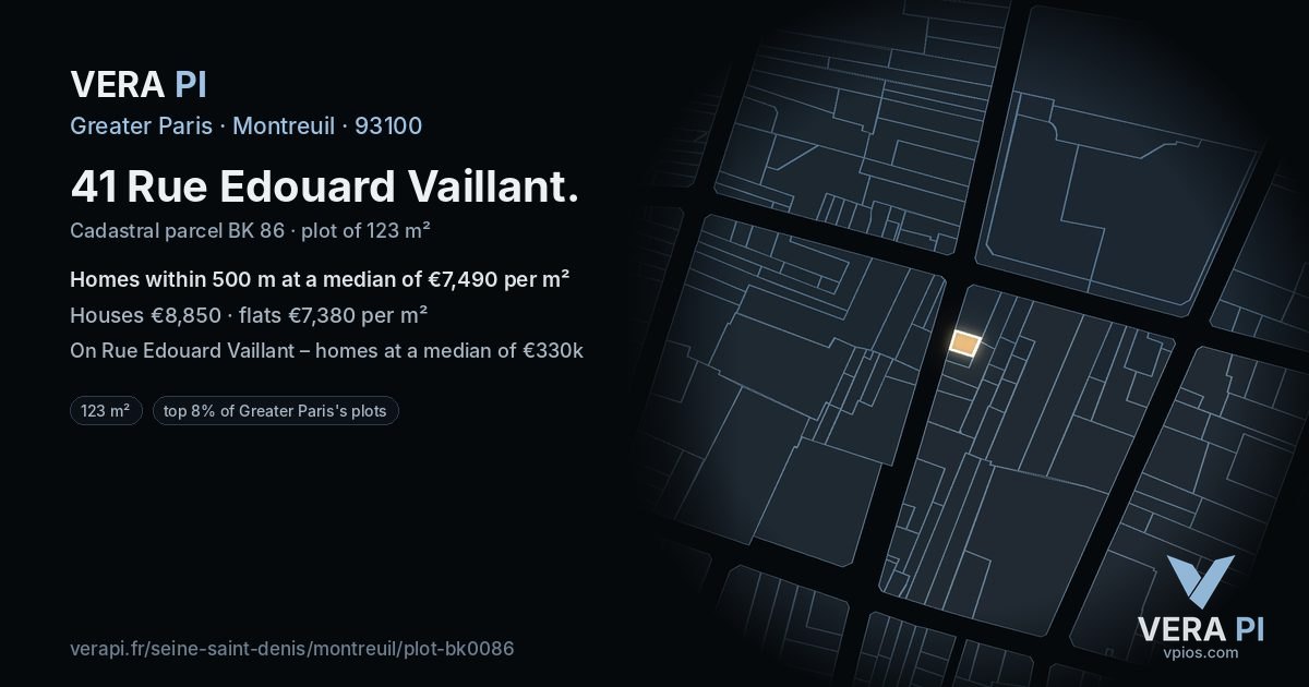 41 Rue Edouard Vaillant, Montreuil at night – the plot lit, the parcels around coloured by the prices near them