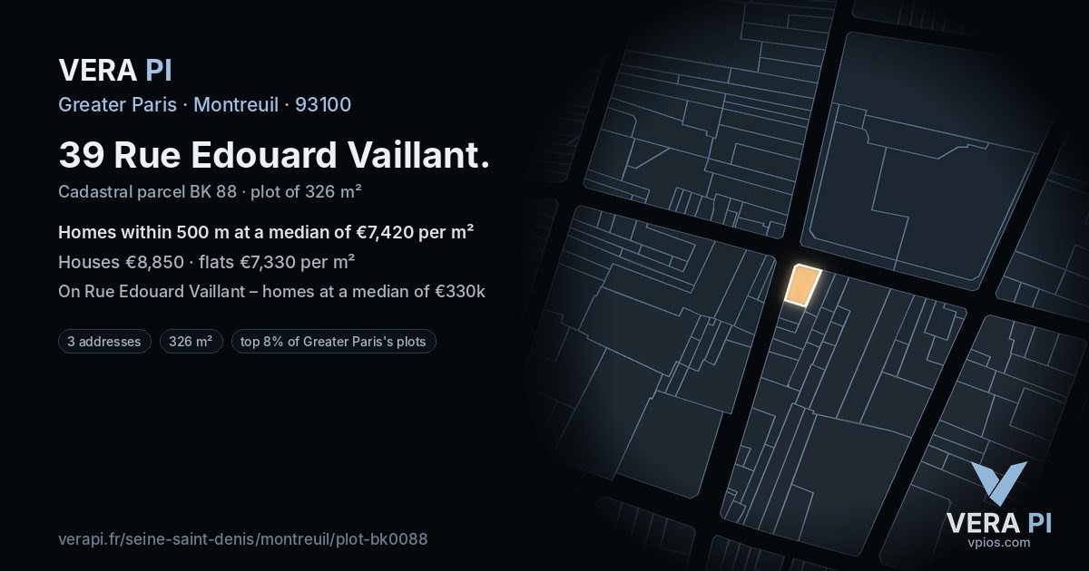 39 Rue Edouard Vaillant, Montreuil at night – the plot lit, the parcels around coloured by the prices near them