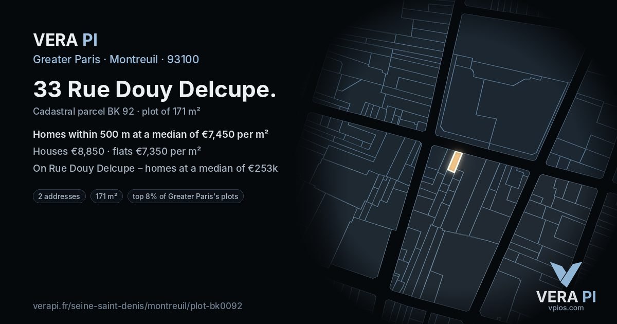 33 Rue Douy Delcupe, Montreuil at night – the plot lit, the parcels around coloured by the prices near them