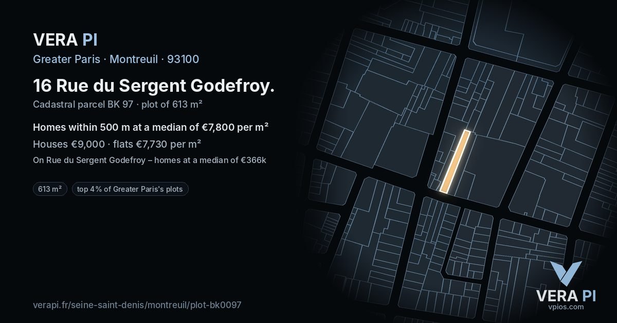 16 Rue du Sergent Godefroy, Montreuil at night – the plot lit, the parcels around coloured by the prices near them