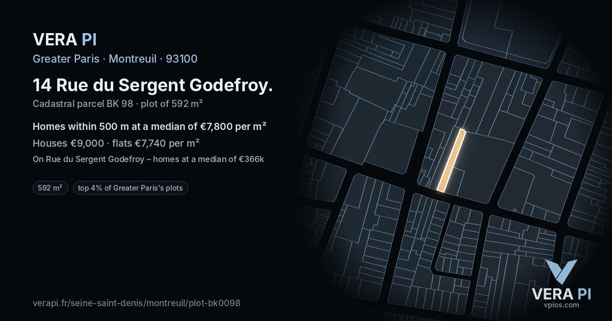 14 Rue du Sergent Godefroy, Montreuil at night – the plot lit, the parcels around coloured by the prices near them