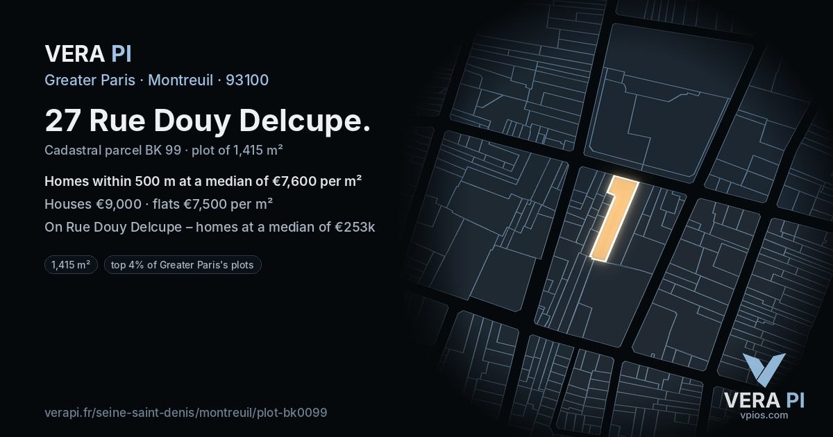 27 Rue Douy Delcupe, Montreuil at night – the plot lit, the parcels around coloured by the prices near them