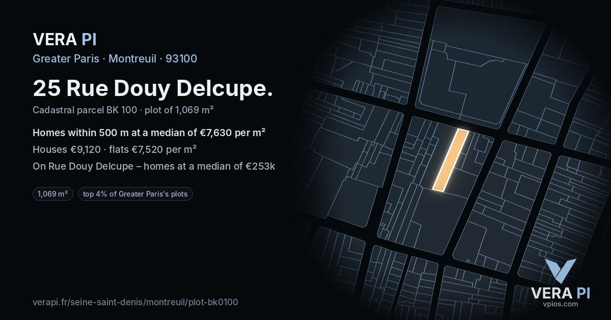 25 Rue Douy Delcupe, Montreuil at night – the plot lit, the parcels around coloured by the prices near them