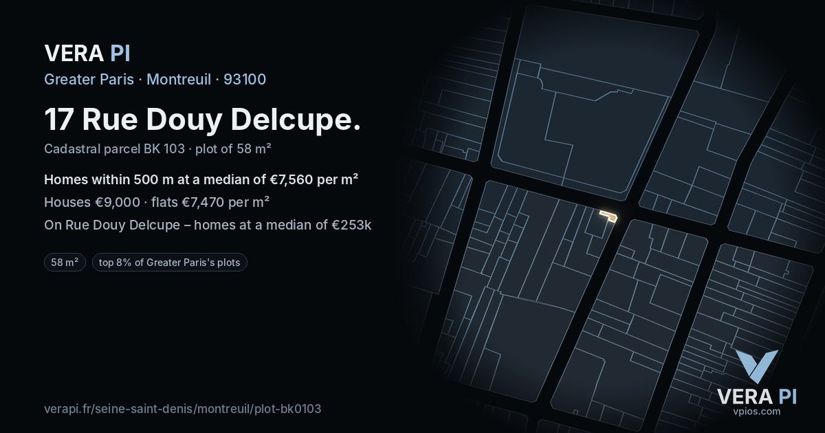 17 Rue Douy Delcupe, Montreuil at night – the plot lit, the parcels around coloured by the prices near them