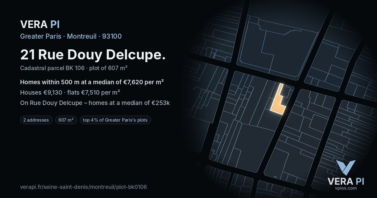 21 Rue Douy Delcupe, Montreuil at night – the plot lit, the parcels around coloured by the prices near them