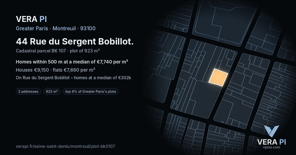 44 Rue du Sergent Bobillot, Montreuil at night – the plot lit, the parcels around coloured by the prices near them