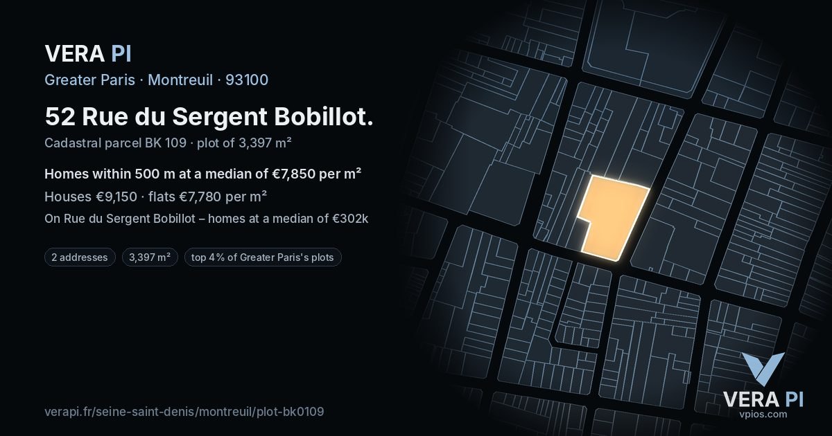 52 Rue du Sergent Bobillot, Montreuil at night – the plot lit, the parcels around coloured by the prices near them