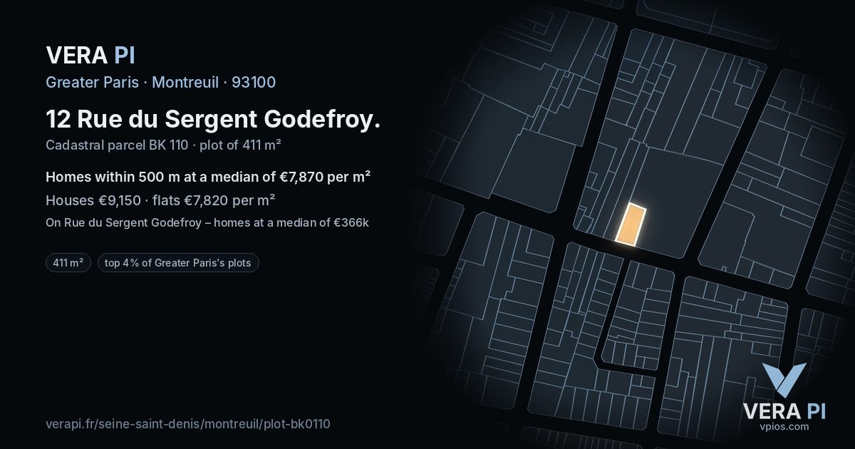 12 Rue du Sergent Godefroy, Montreuil at night – the plot lit, the parcels around coloured by the prices near them