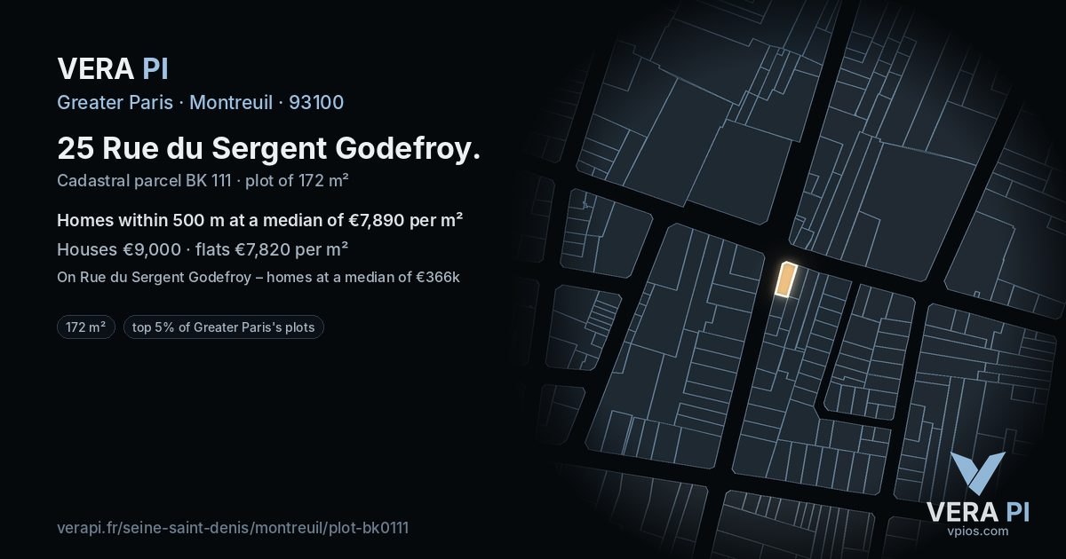 25 Rue du Sergent Godefroy, Montreuil at night – the plot lit, the parcels around coloured by the prices near them