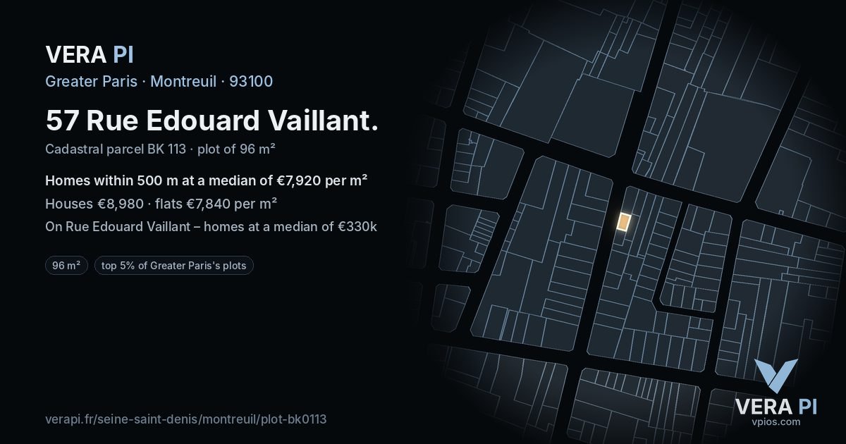 57 Rue Edouard Vaillant, Montreuil at night – the plot lit, the parcels around coloured by the prices near them