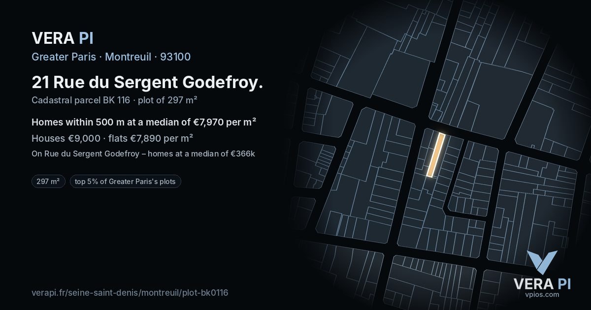21 Rue du Sergent Godefroy, Montreuil at night – the plot lit, the parcels around coloured by the prices near them