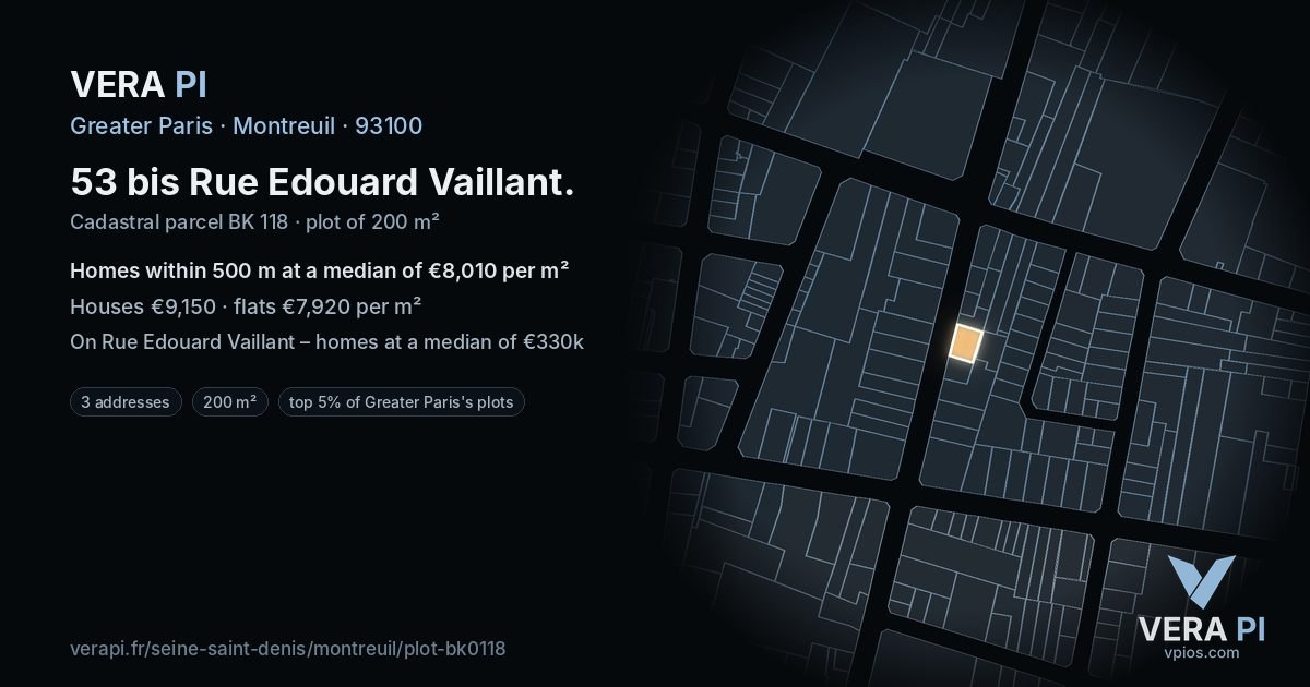 53 bis Rue Edouard Vaillant, Montreuil at night – the plot lit, the parcels around coloured by the prices near them