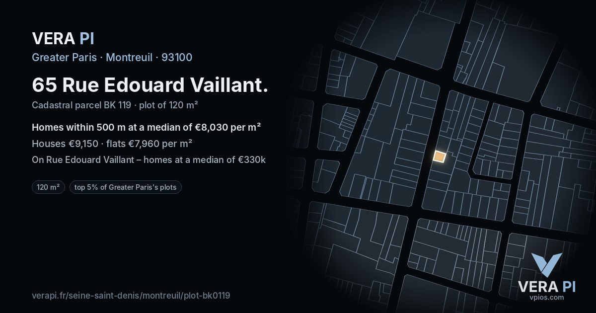 65 Rue Edouard Vaillant, Montreuil at night – the plot lit, the parcels around coloured by the prices near them