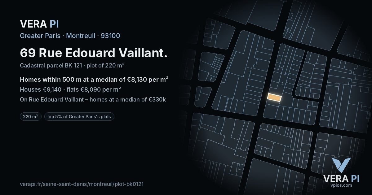 69 Rue Edouard Vaillant, Montreuil at night – the plot lit, the parcels around coloured by the prices near them