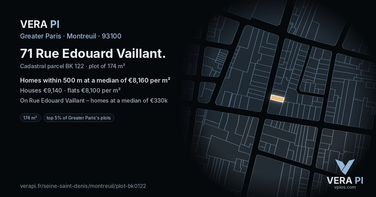 71 Rue Edouard Vaillant, Montreuil at night – the plot lit, the parcels around coloured by the prices near them