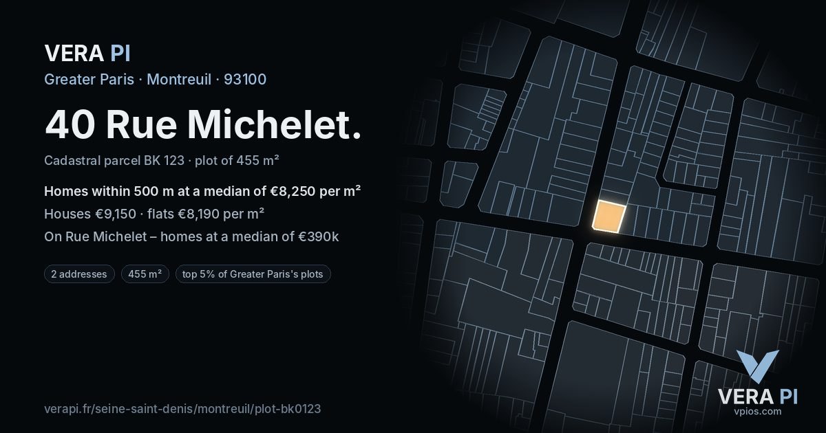 40 Rue Michelet, Montreuil at night – the plot lit, the parcels around coloured by the prices near them