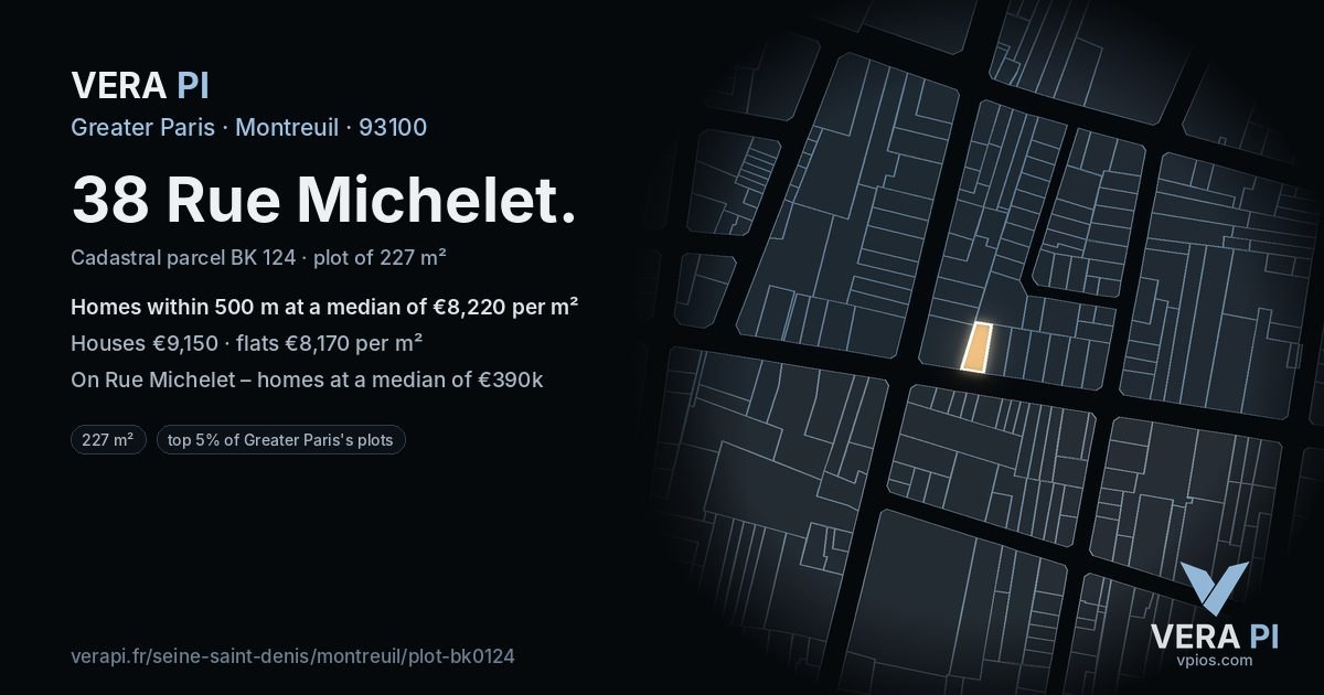 38 Rue Michelet, Montreuil at night – the plot lit, the parcels around coloured by the prices near them