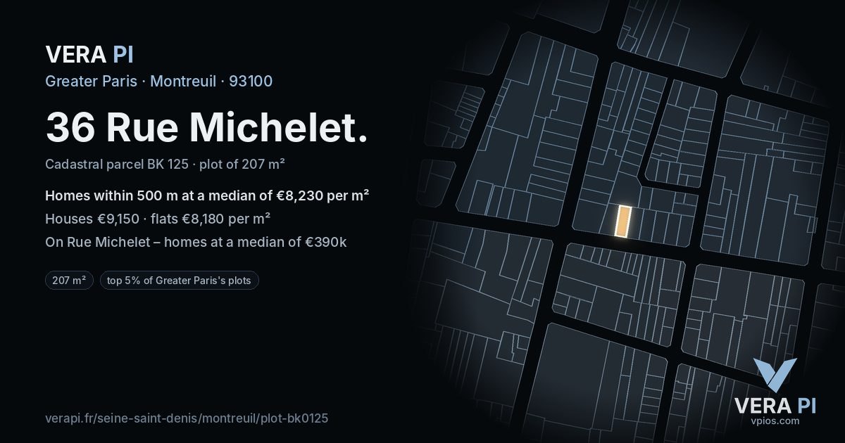 36 Rue Michelet, Montreuil at night – the plot lit, the parcels around coloured by the prices near them