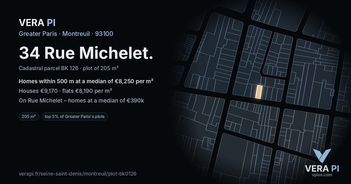 34 Rue Michelet, Montreuil at night – the plot lit, the parcels around coloured by the prices near them