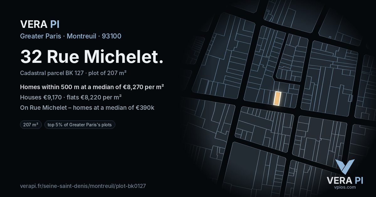 32 Rue Michelet, Montreuil at night – the plot lit, the parcels around coloured by the prices near them