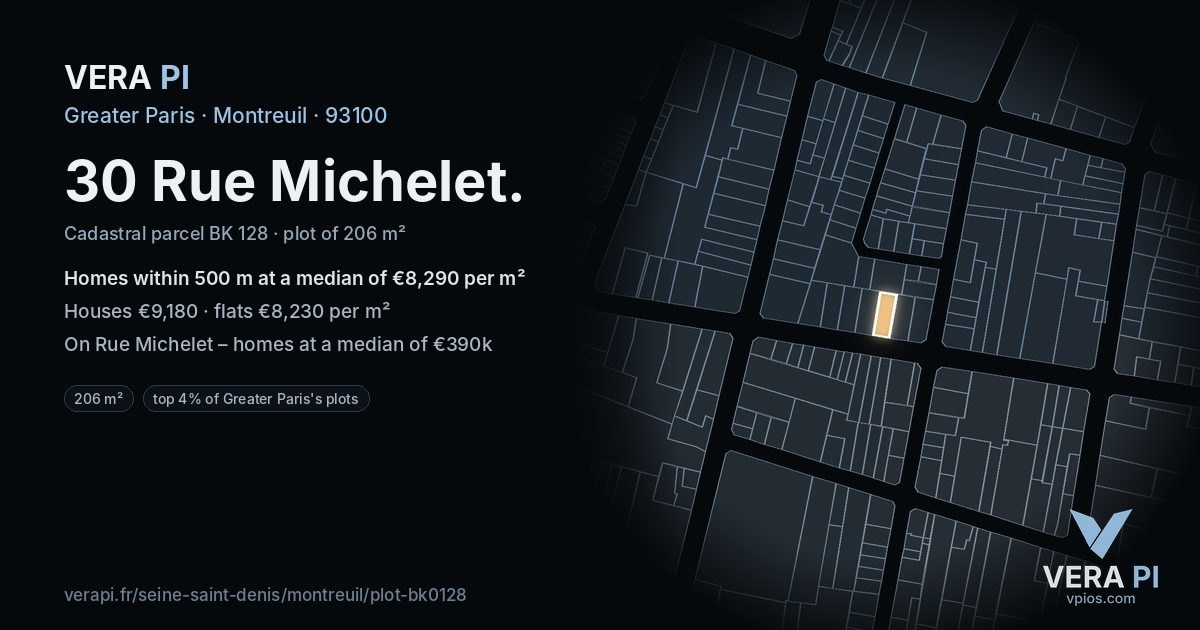 30 Rue Michelet, Montreuil at night – the plot lit, the parcels around coloured by the prices near them