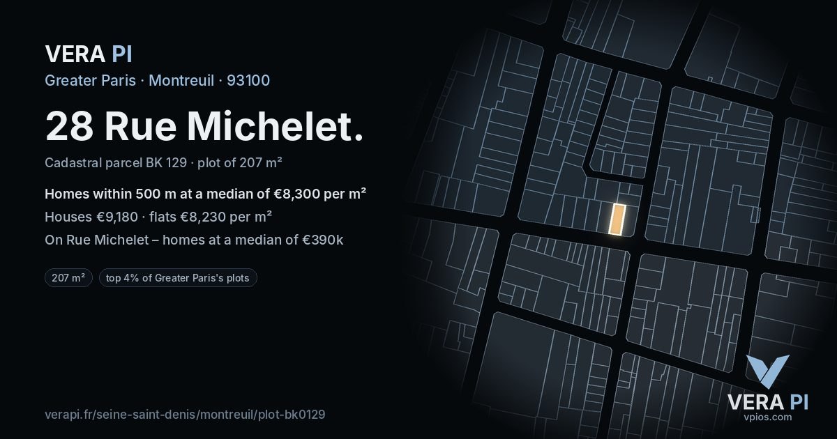 28 Rue Michelet, Montreuil at night – the plot lit, the parcels around coloured by the prices near them
