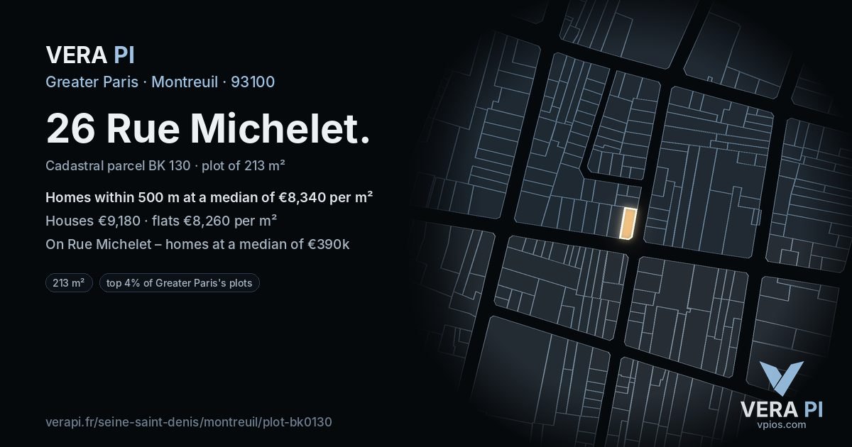 26 Rue Michelet, Montreuil at night – the plot lit, the parcels around coloured by the prices near them