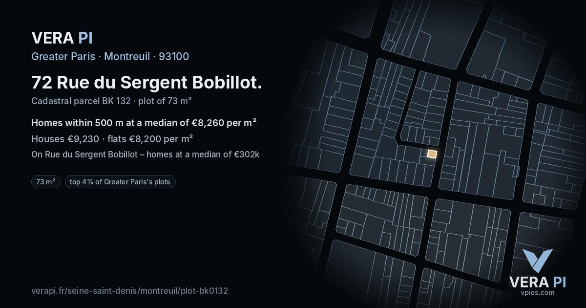 72 Rue du Sergent Bobillot, Montreuil at night – the plot lit, the parcels around coloured by the prices near them