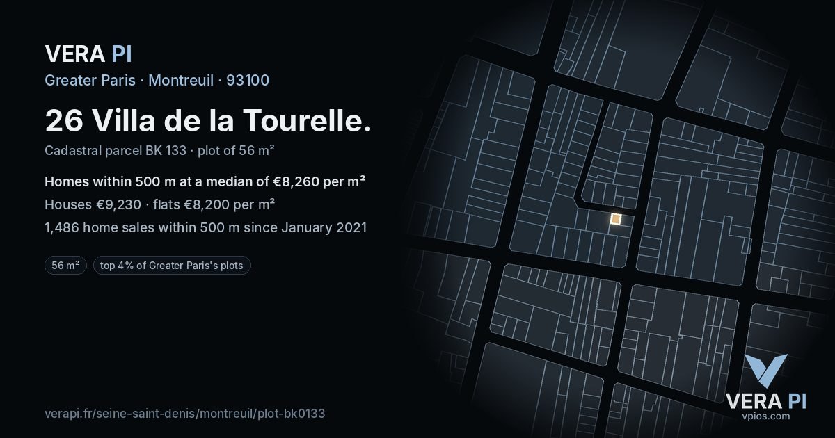 26 Villa de la Tourelle, Montreuil at night – the plot lit, the parcels around coloured by the prices near them