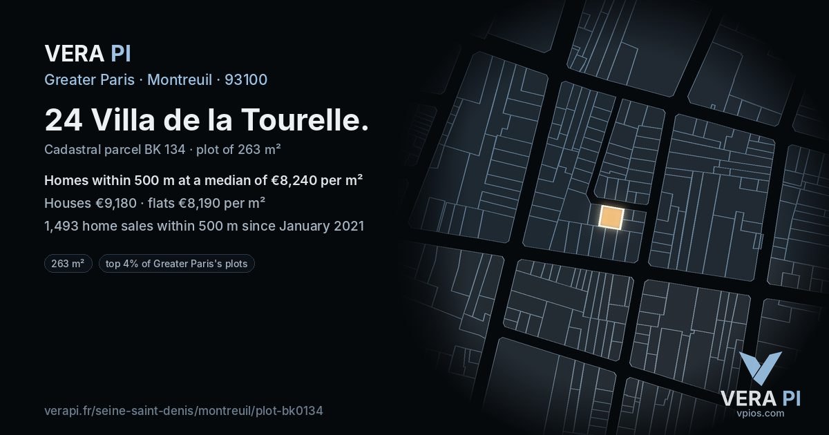 24 Villa de la Tourelle, Montreuil at night – the plot lit, the parcels around coloured by the prices near them