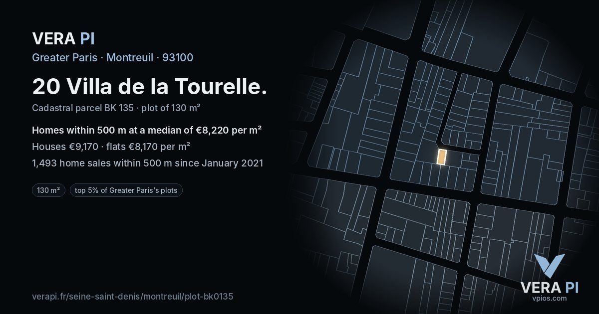 20 Villa de la Tourelle, Montreuil at night – the plot lit, the parcels around coloured by the prices near them