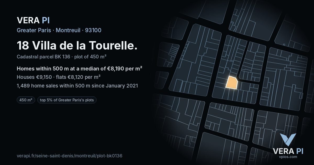 18 Villa de la Tourelle, Montreuil at night – the plot lit, the parcels around coloured by the prices near them