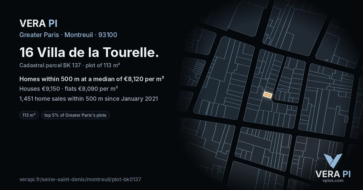 16 Villa de la Tourelle, Montreuil at night – the plot lit, the parcels around coloured by the prices near them