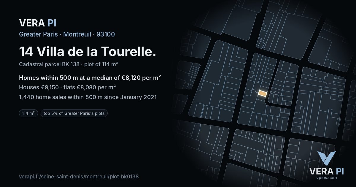 14 Villa de la Tourelle, Montreuil at night – the plot lit, the parcels around coloured by the prices near them