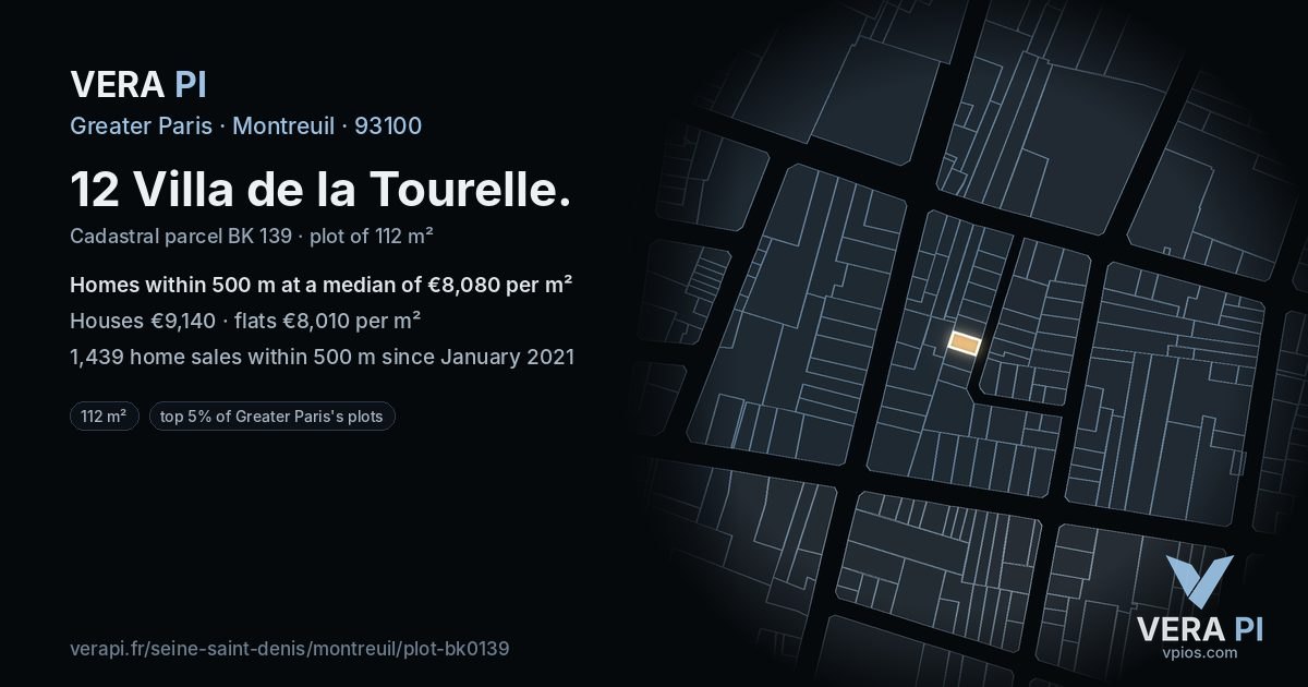 12 Villa de la Tourelle, Montreuil at night – the plot lit, the parcels around coloured by the prices near them